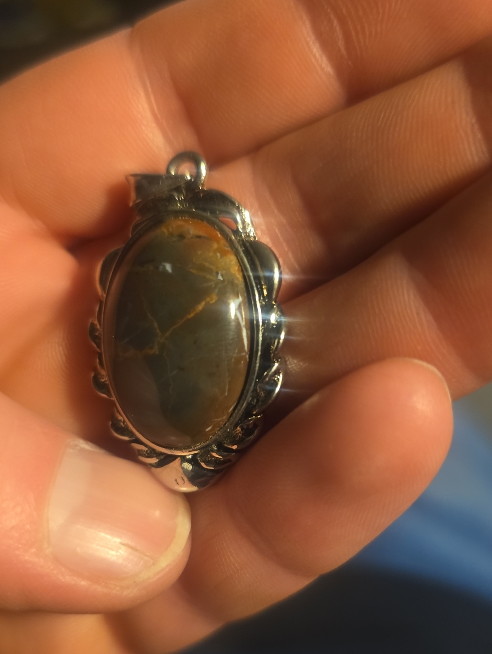 Silver Brown Jasper Oval Pendant Necklace